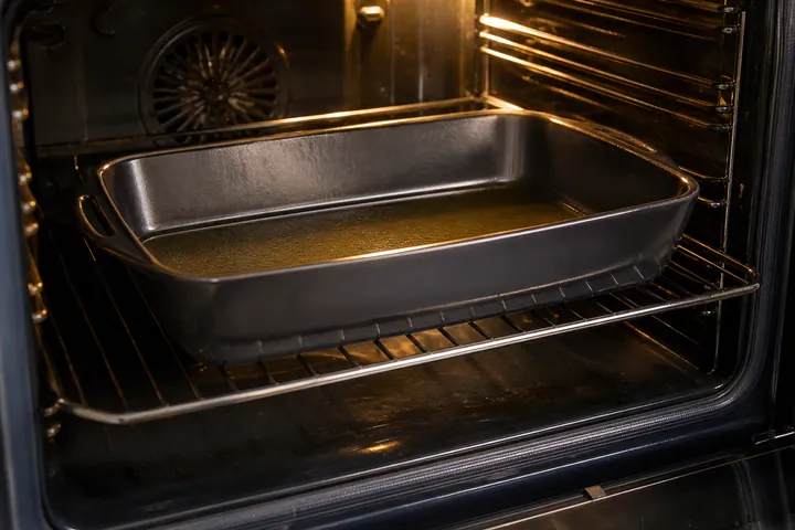 Una fuente de horno con aceite calentándose en el horno