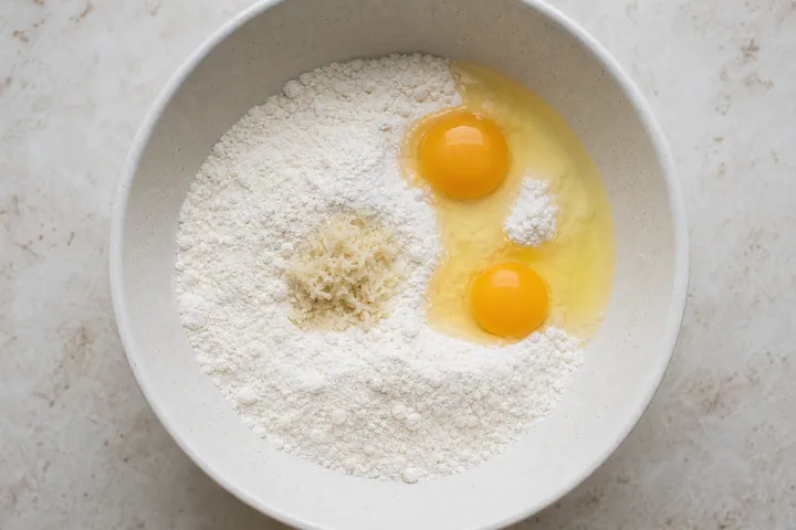 Harina, huevos y rábano picante rallado en un bol antes de mezclar