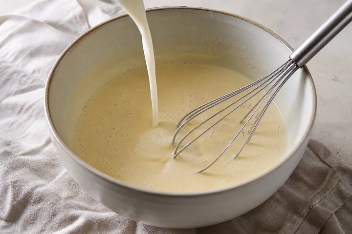 Masa suave batiéndose en un bol mientras se añade leche
