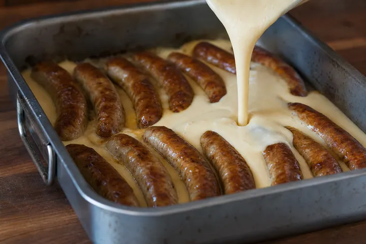 Masa vertida alrededor de salchichas en una fuente caliente