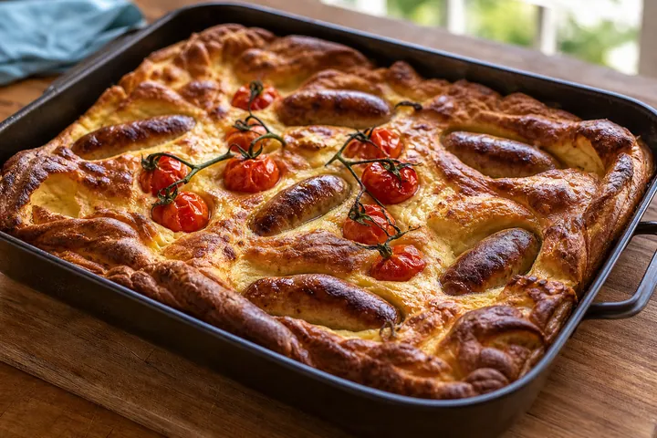 Toad in the hole dorado con salchichas y tomates cherry asados