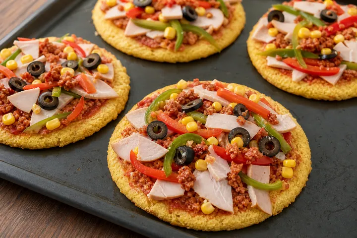 Cassava pizzas with chorizo, corn, turkey, olives, and peppers