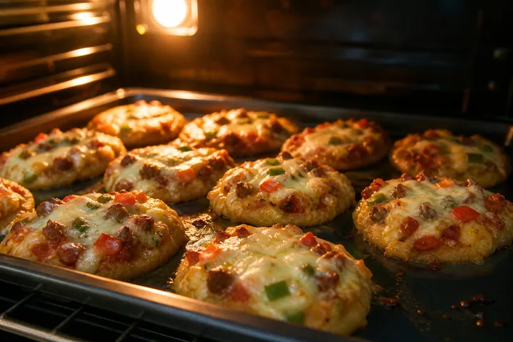 Loaded cassava mini pizzas baking with melted cheese