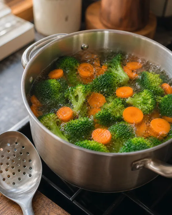 El brócoli y las zanahorias se cuecen en agua hirviendo para un asado dominical