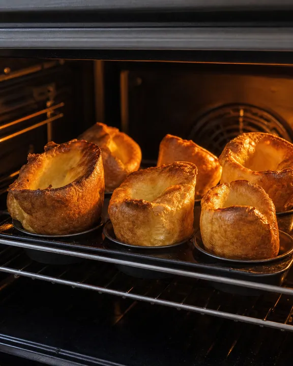 Budines dorados de Yorkshire levantándose en el horno