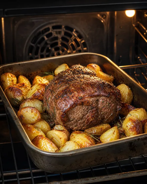 Asado de ternera y patatas asadas al horno.