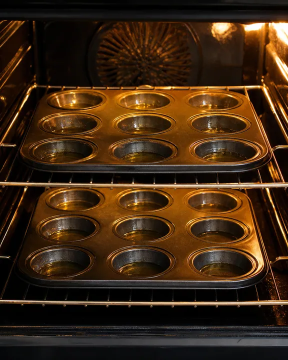 Moldes para pudding Yorkshire con aceite de girasol calientes en el horno