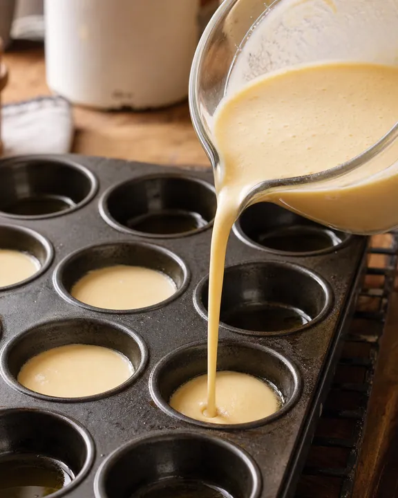 La masa del pudín de Yorkshire se vierte en los pocillos de una sartén engrasada y caliente.