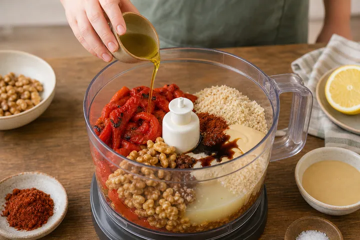 מרכיבי המוחמרה מעובדים יחד במעבד מזון