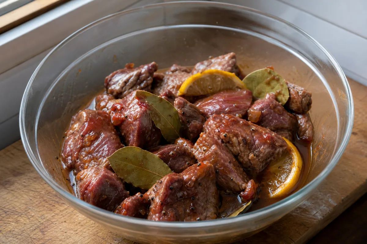 Beef coated in soy, tomato, pepper, bay leaves, and lemon