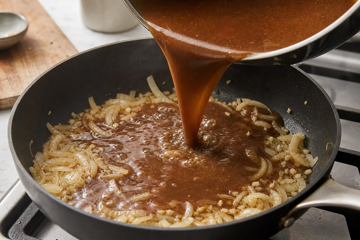 Braising sauce poured into skillet with onion and garlic