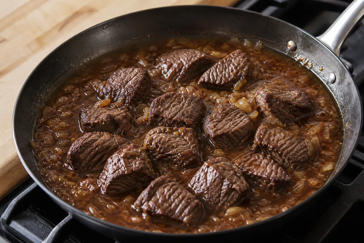 Tender beef simmering in rich sauce with onion and garlic