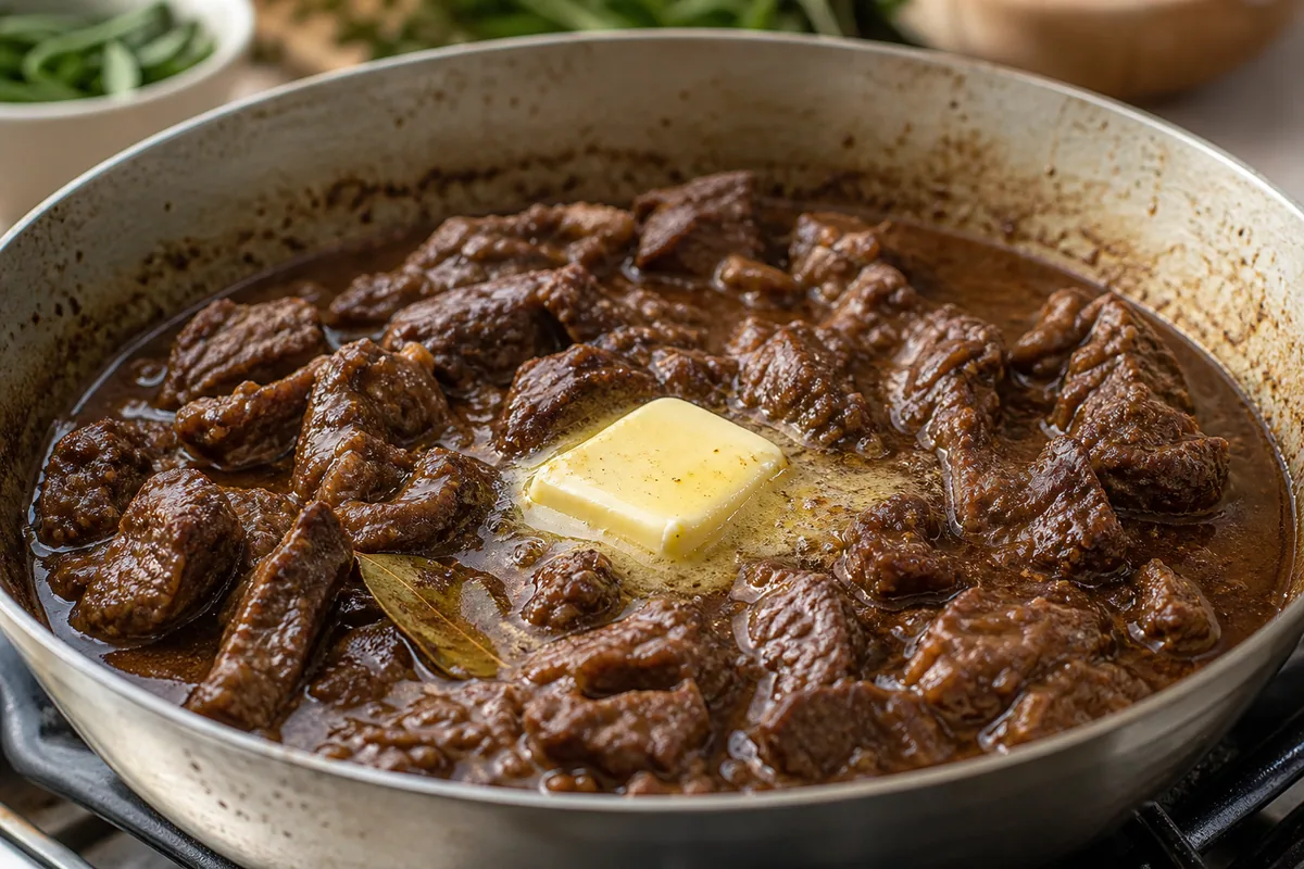 Butter melting into beef asado while the sauce reduces
