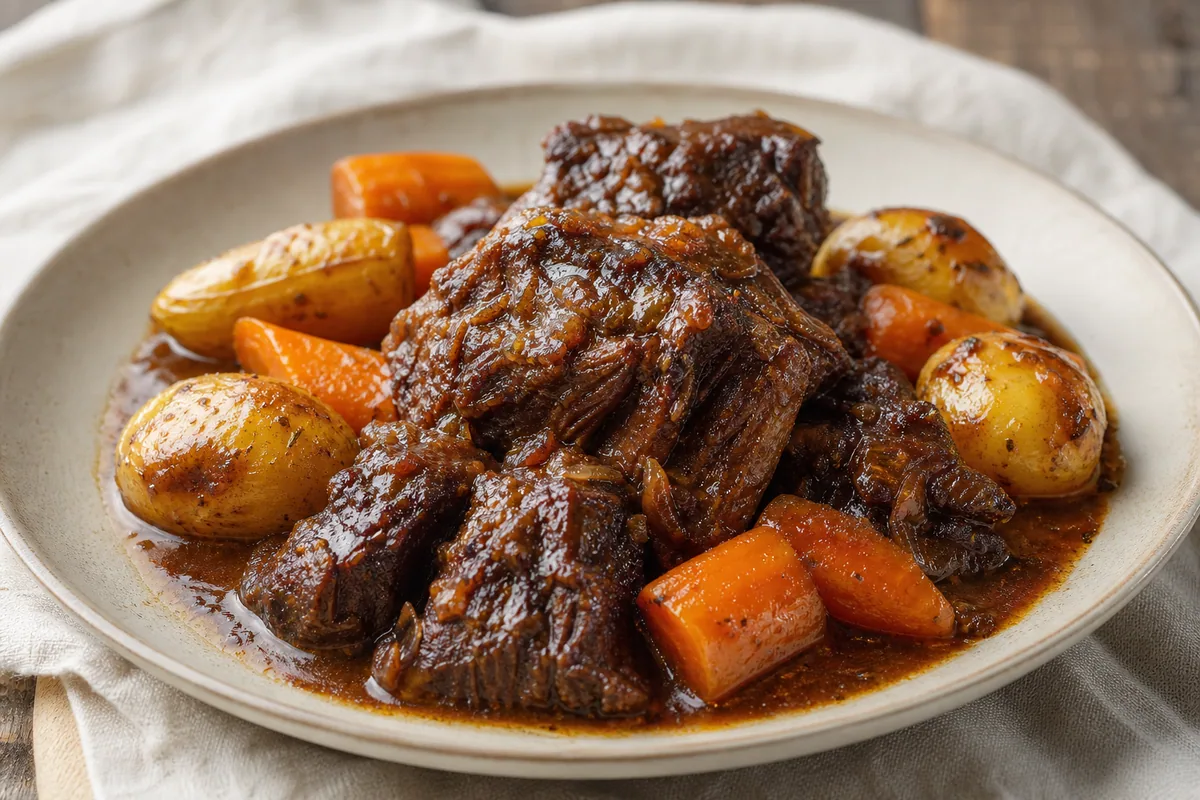 Finished beef asado with glossy sauce, potatoes, and carrots
