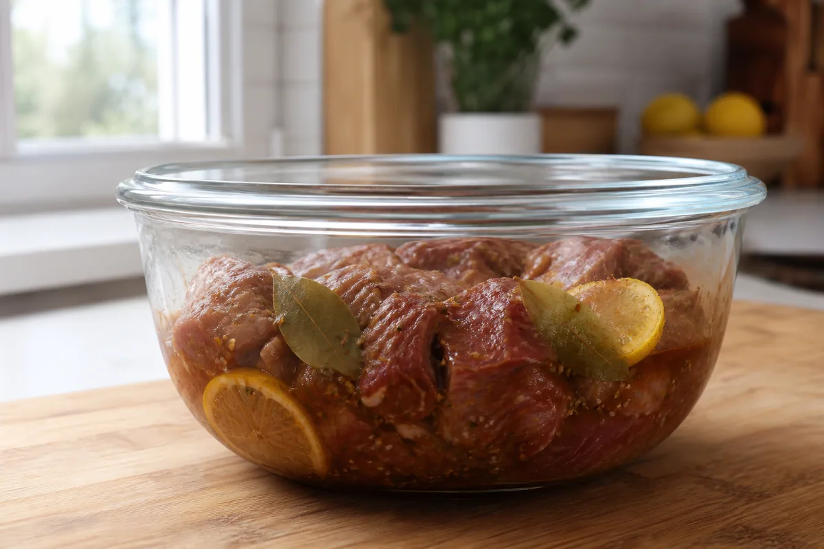 Marinated beef resting with bay leaves and lemon