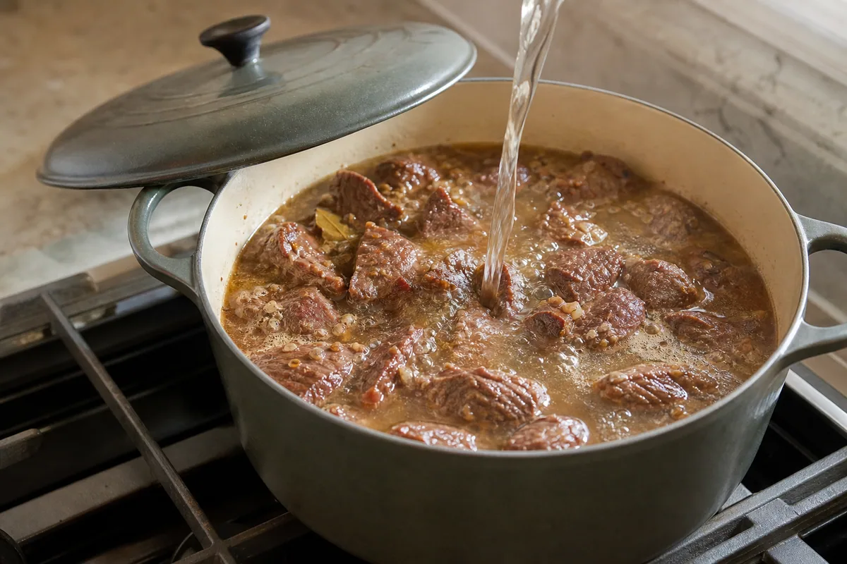 Marinated beef simmering in a pot as water is added