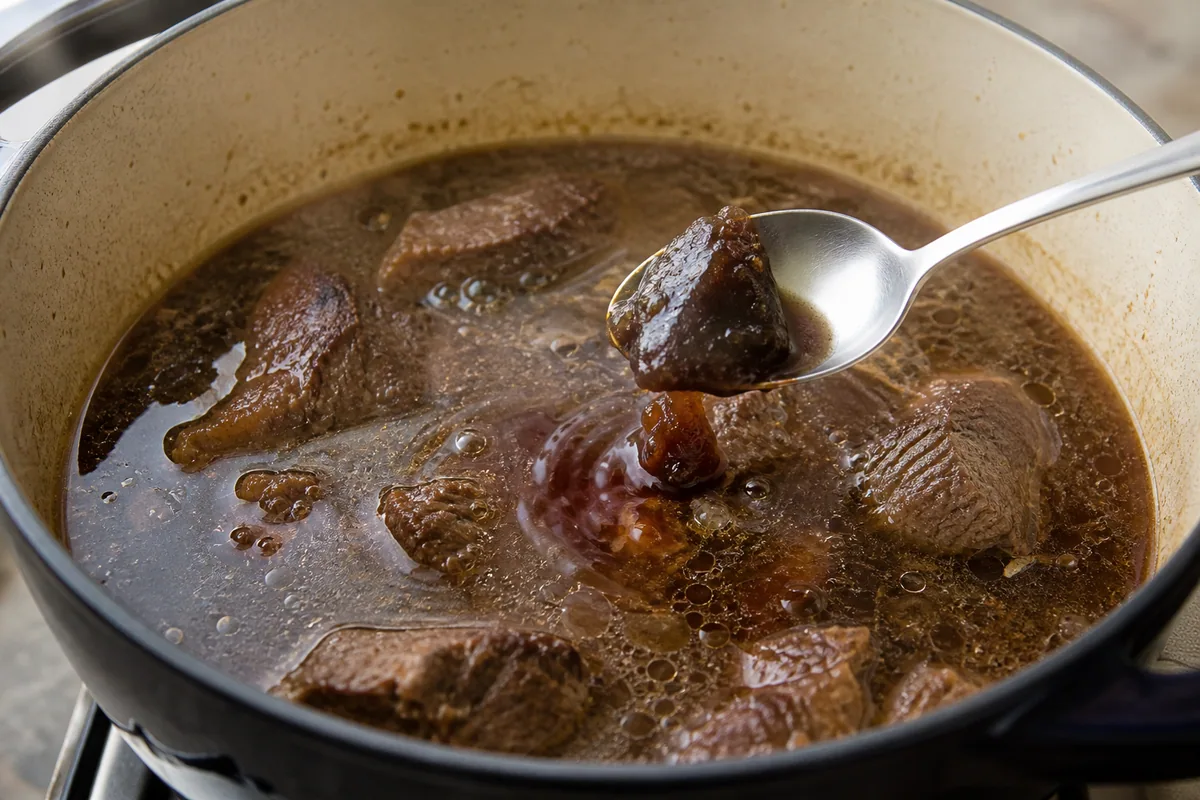 Concentrated beef stock dissolving into simmering braising liquid
