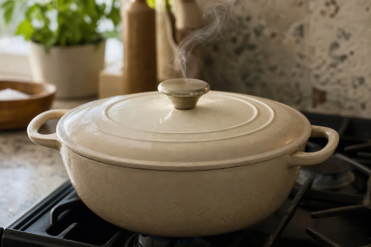 Covered pot of beef asado braising gently over low heat