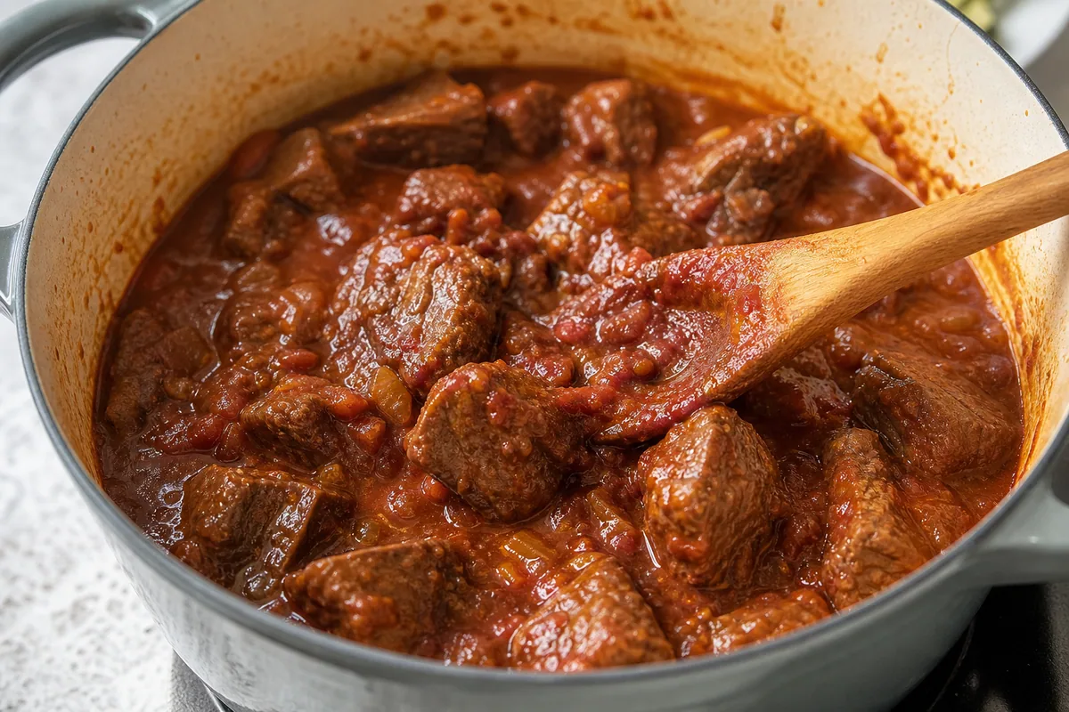 Tender beef turned in sauce with tomato paste