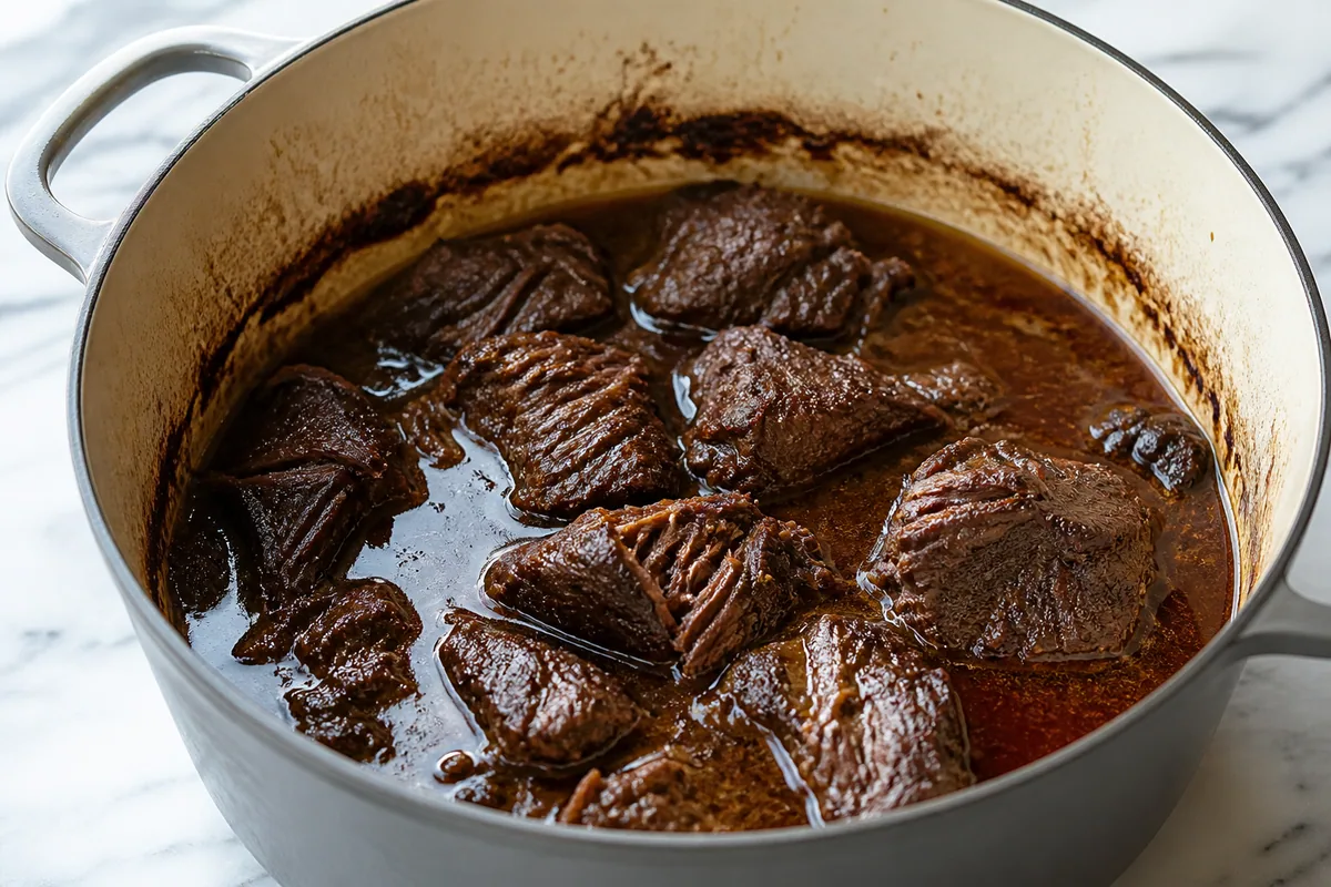 Tender braised beef resting in rich sauce