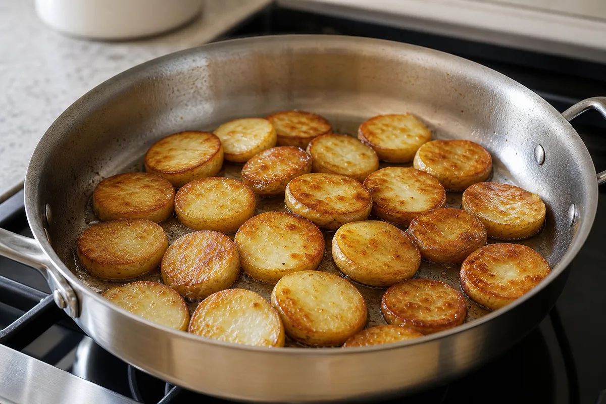 Potato rounds frying until browned in a shallow skillet