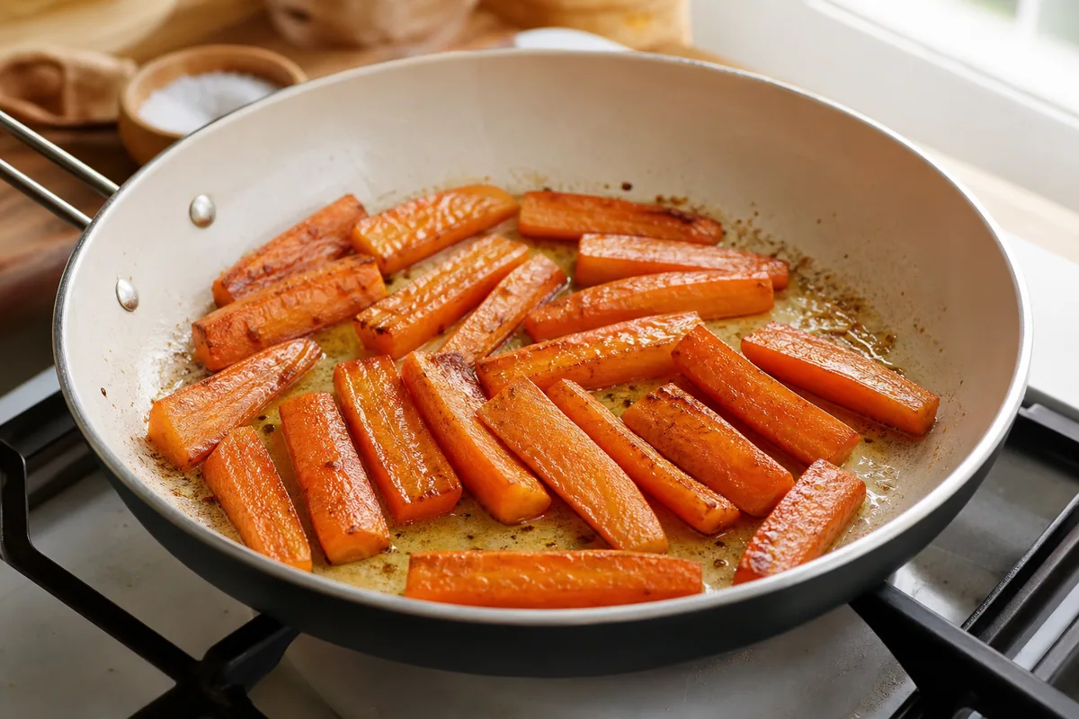 Carrot pieces frying until golden at the edges in a skillet