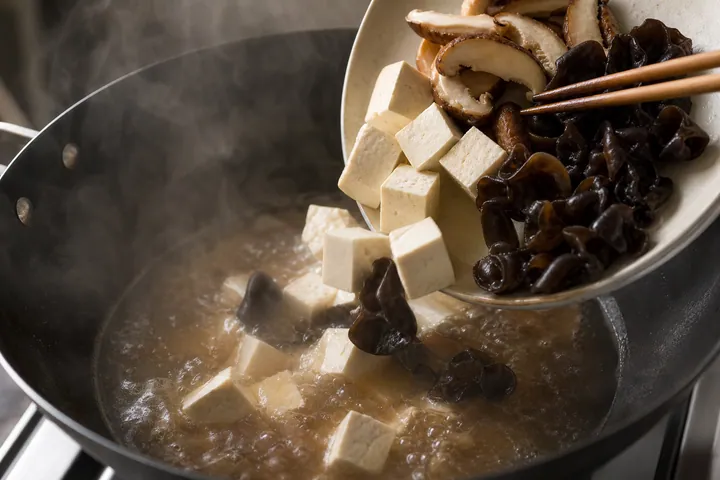A la sopa de wok se le añaden cubos de tofu, hongos shiitake y champiñones de oreja negra.