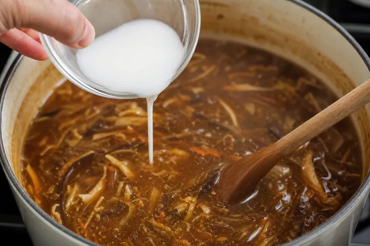 Se vierte una mezcla de harina de maíz y agua en la sopa mientras se revuelve con una cuchara de madera.