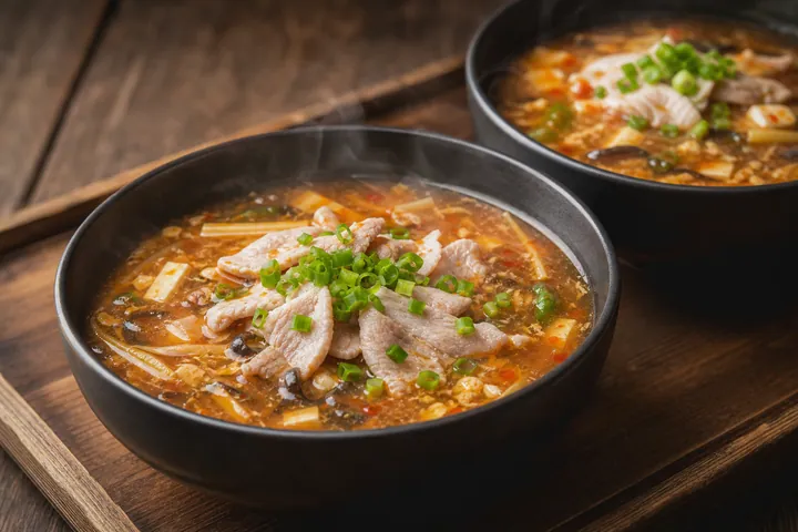 Sopa agria picante servida en un recipiente oscuro con rodajas de cerdo y cebollas verdes picadas