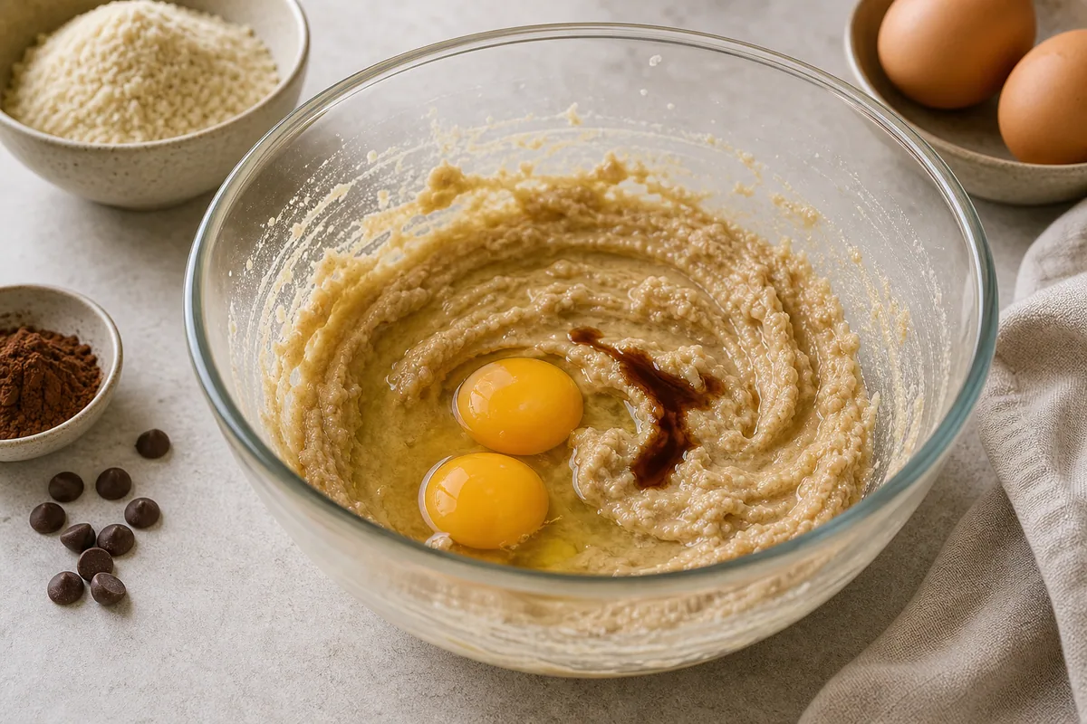הוסיפו את הביצים ותמצית הווניל, ערבבו במשך דקה עד שהתערובת חלקה.