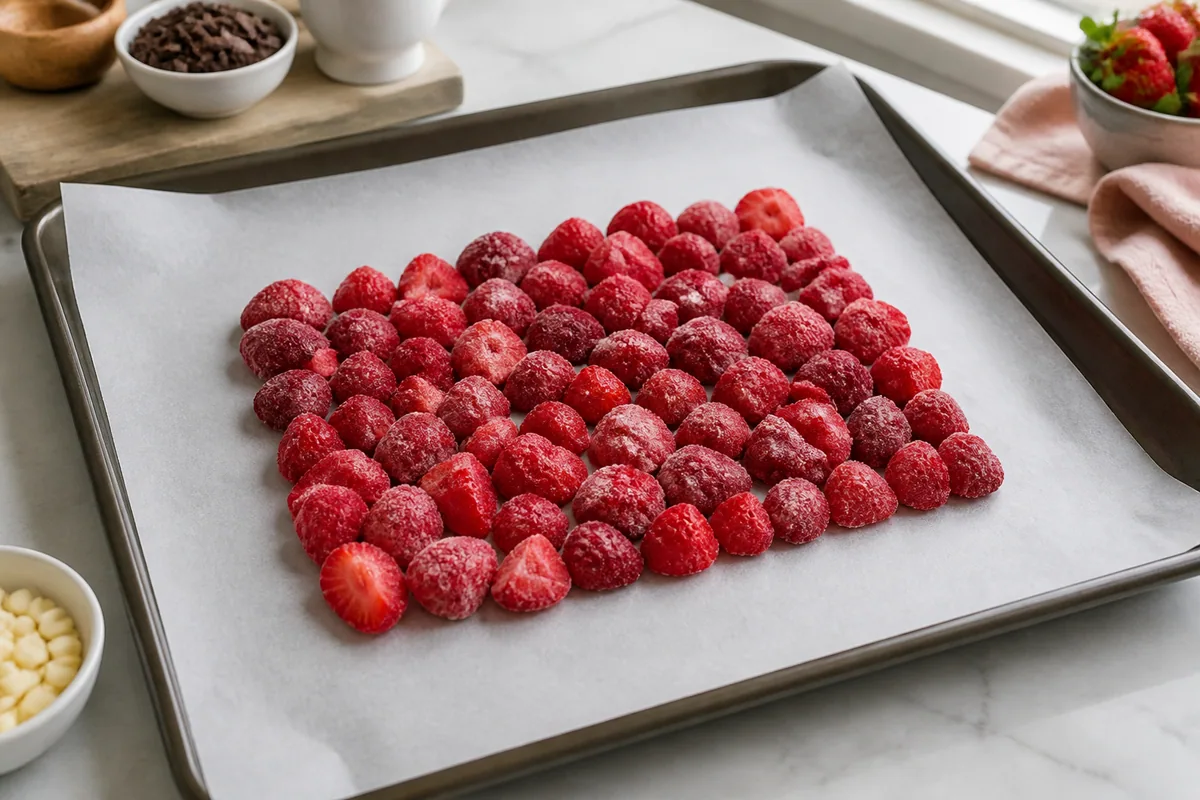 Fresas congeladas dispuestas sobre papel de horno en una bandeja