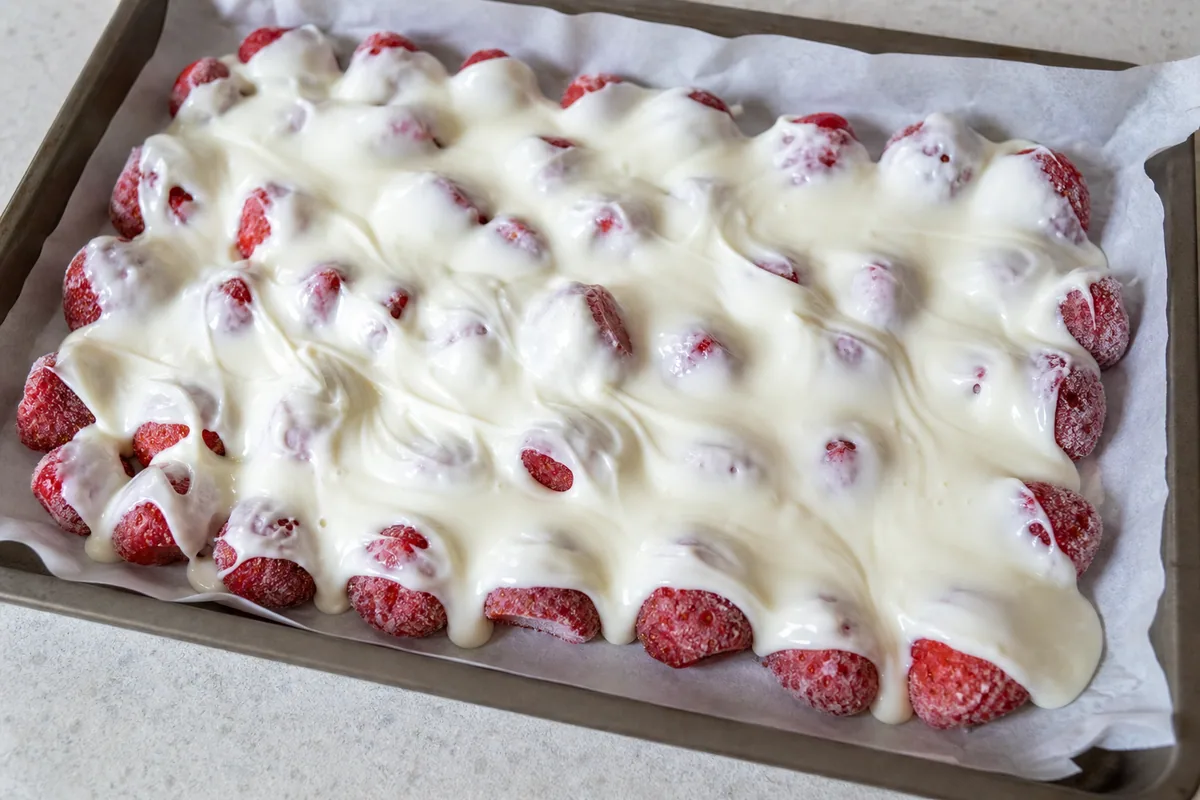 Chocolate blanco fundido extendido sobre una capa de fresas congeladas