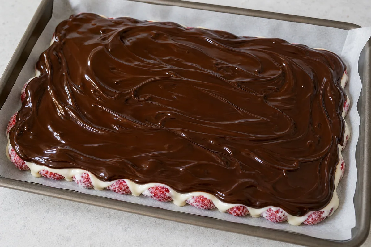 Chocolate negro fundido cubriendo la capa de chocolate blanco y fresas