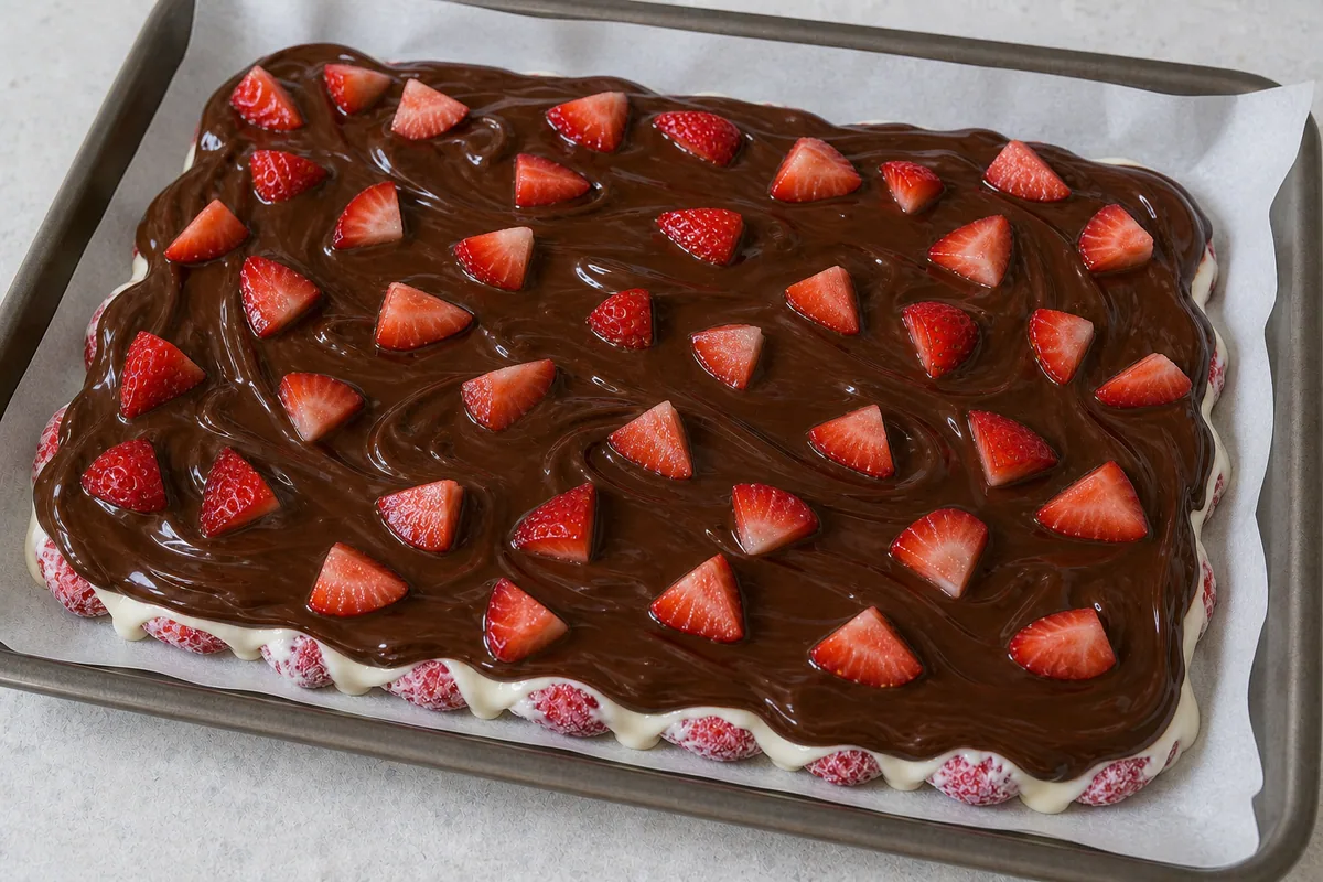 Trozos de fresa fresca sobre una capa brillante de chocolate negro