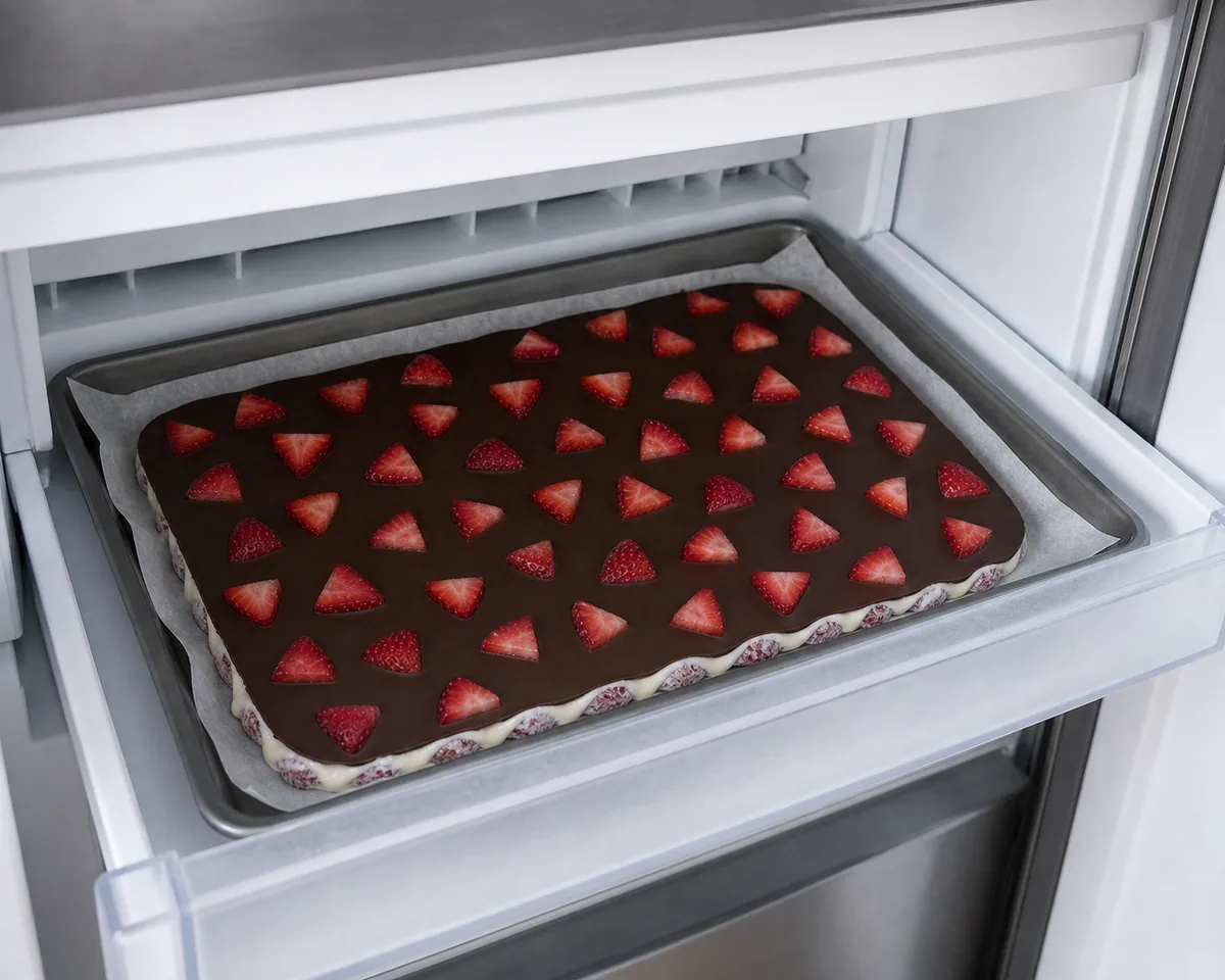 Plancha de chocolate congelada con trozos de fresa dentro del congelador