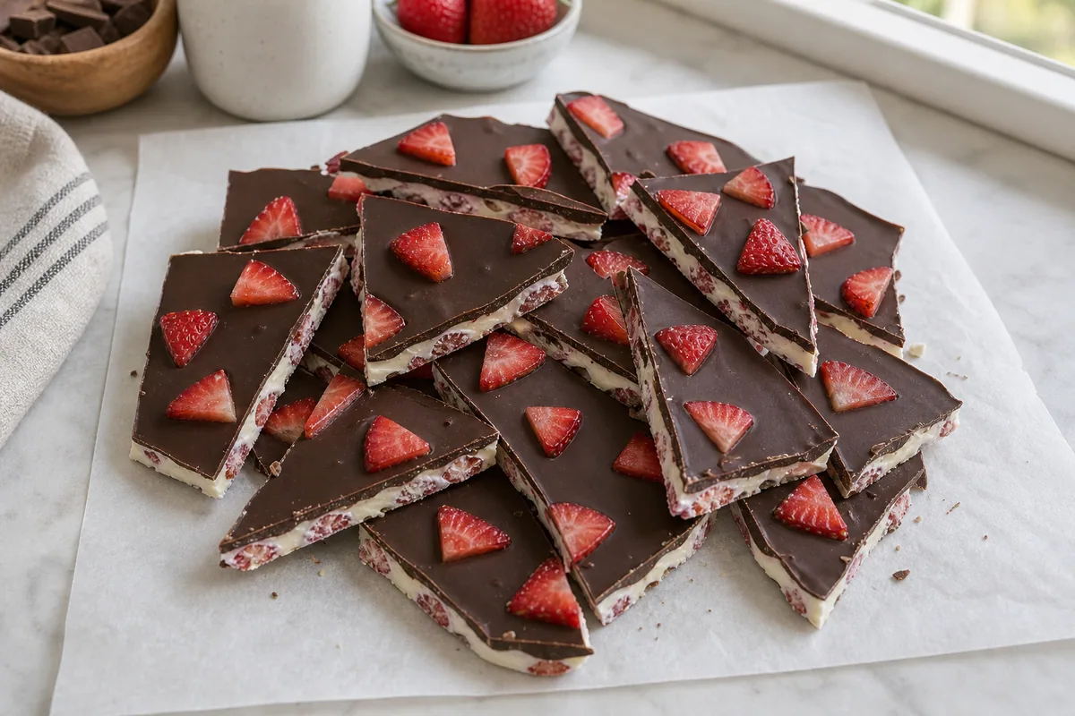 Trozos de chocolate con capas de fresa sobre papel de horno