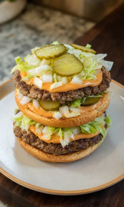 Double burger in progress with a middle bun and second patty
