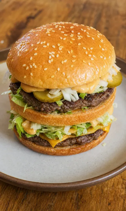 Double burger closed with a sesame top bun