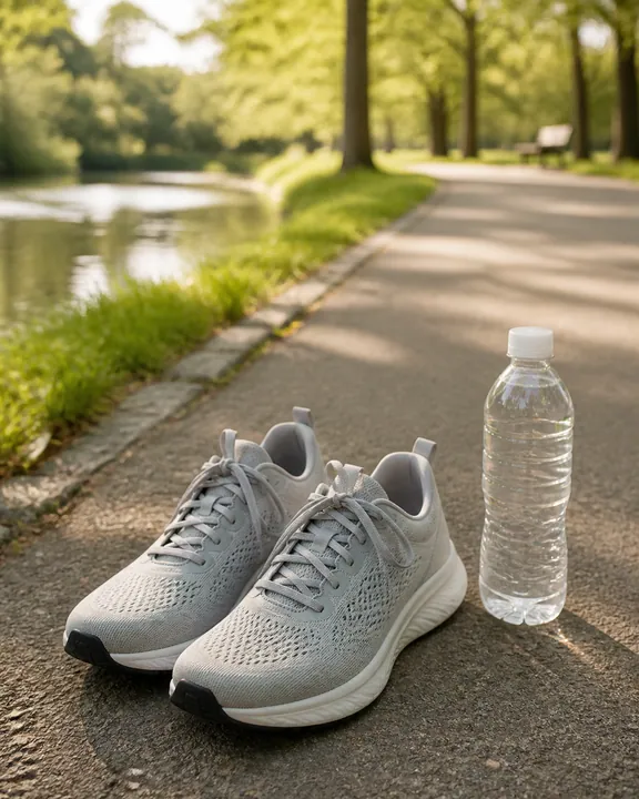 Running shoes and water bottle on a park path