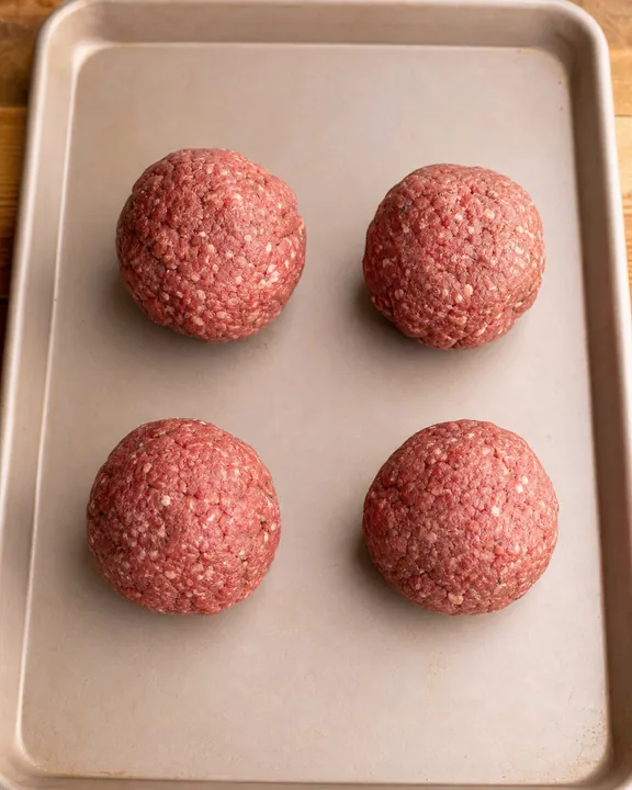 Four equal balls of seasoned ground beef