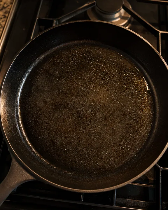 Hot oil in a large skillet ready for cooking