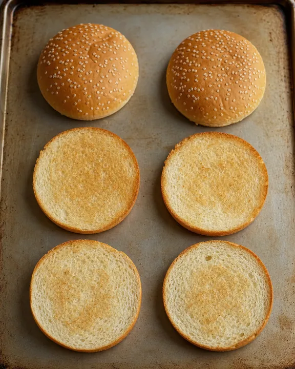 Sesame buns sliced and toasted into three layers