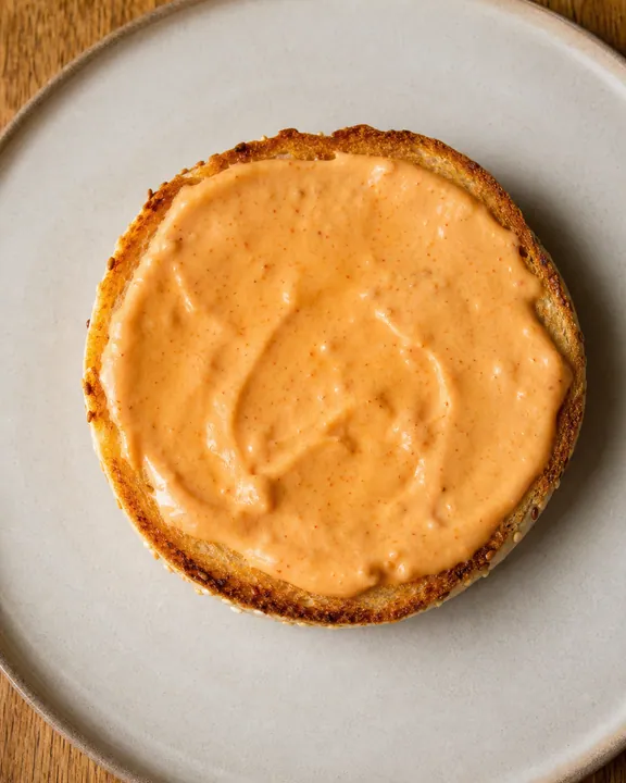 Toasted bun base spread with burger sauce