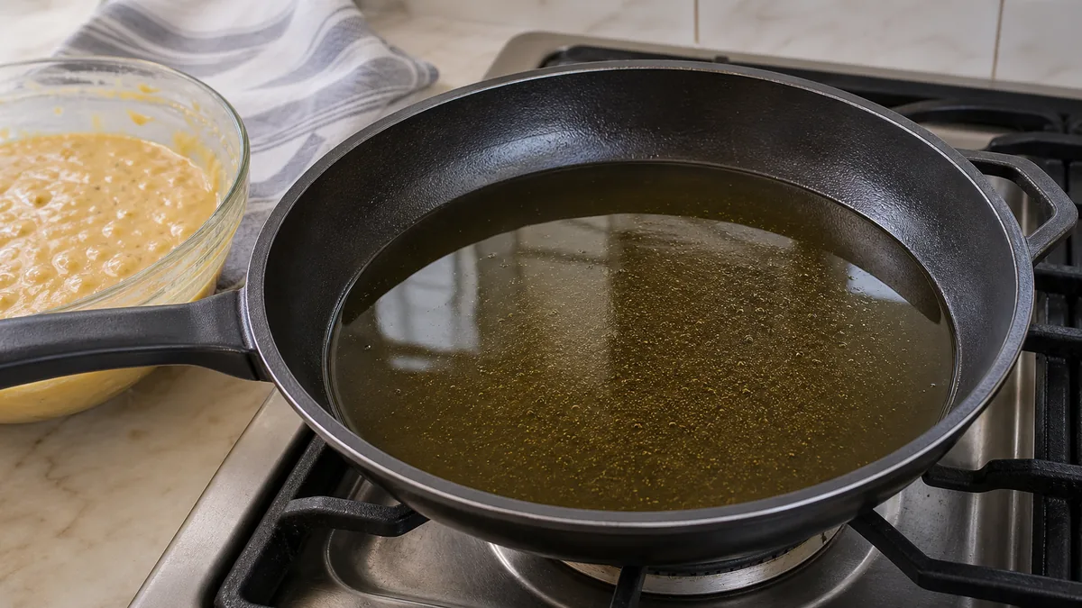 שמן מתחמם במחבת גדולה לטיגון