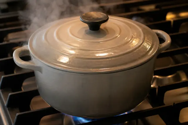 Guiso de cordero cocinándose lentamente en una olla tapada