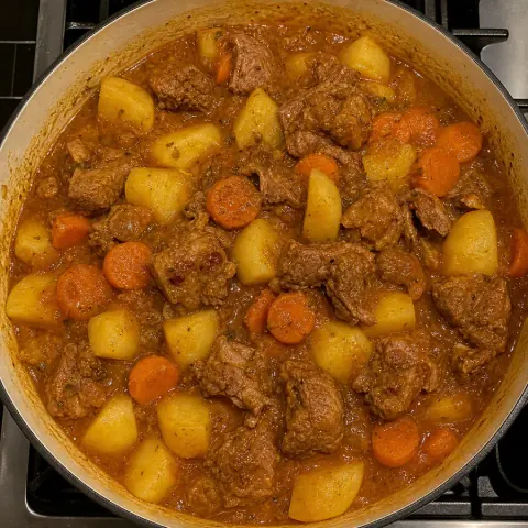 Guiso de cordero y zanahoria con cubos de patata en una olla