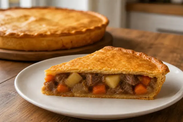 Una porción caliente de pastel de cordero y patata lista para servir