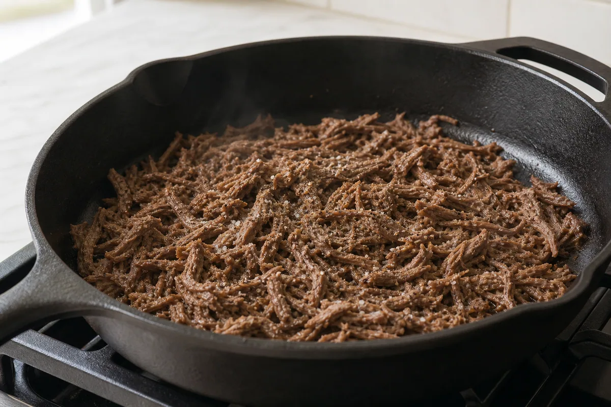Shredded beef warming with salt and pepper in a skillet