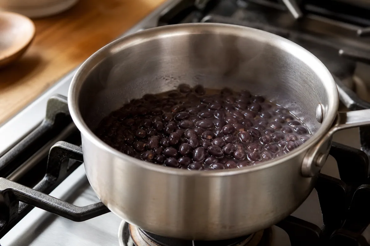Black beans warming in a small saucepan