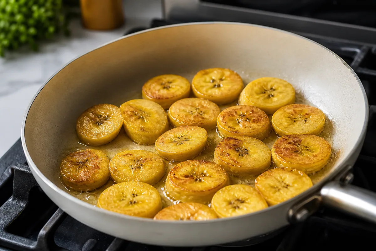 Ripe plantain slices frying until golden in a skillet